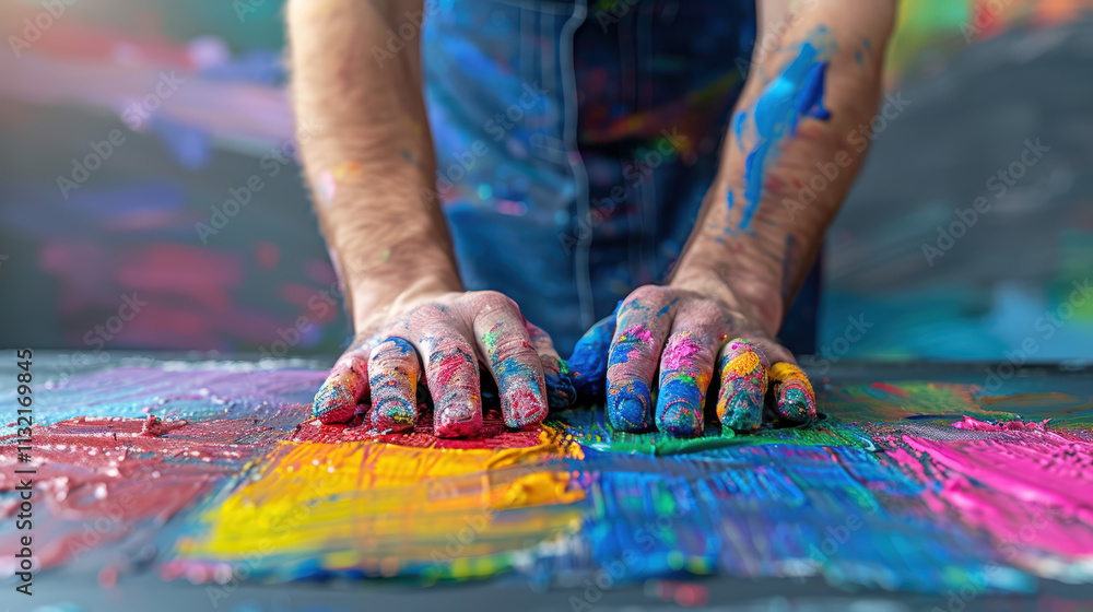 Obraz premium Colorful Hands Creating Art with Bright Paints on Canvas in Creative Expression Workshop