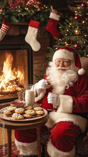 Santa Claus Sitting by a Cozy Fireplace with Milk and Cookies  Santa Claus Illustrations and Graphics, Winter season, Happy New Year, Happy Christmas 