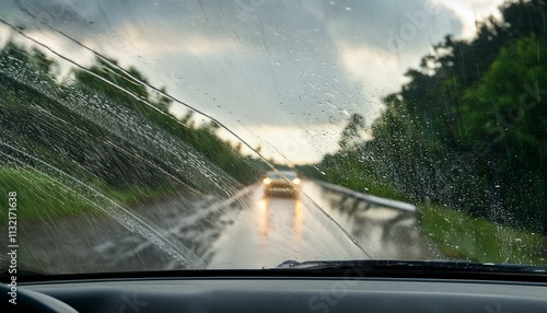 Rain-streaked windshield view: Approaching vehicle on wet rural road under stormy sky.