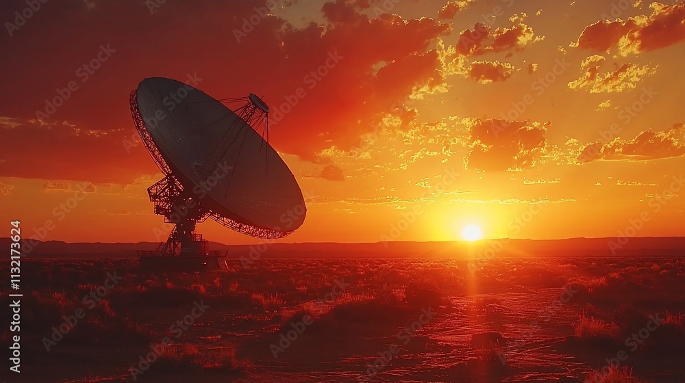 Obraz premium Sunset over a radio telescope in a desert landscape.