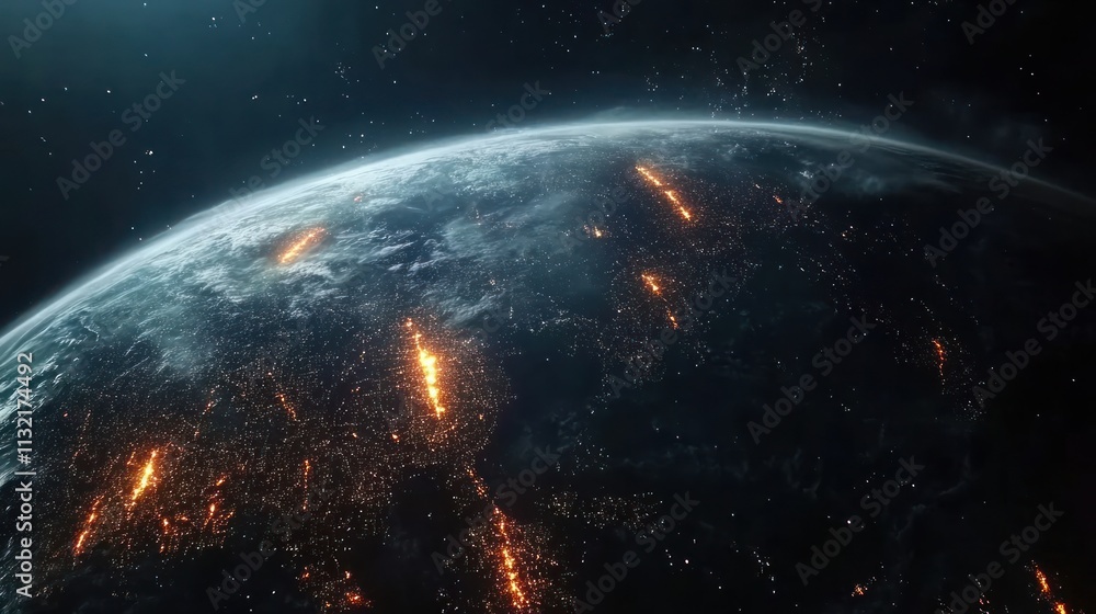 Obraz premium Earth seen from space with glowing nodes representing major cities, hyper-realistic 