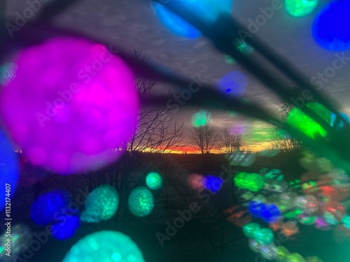 colorful sunrise sky outside the window, colorful play of light, shadows and reflections on the window glass, blurred outlines, winter