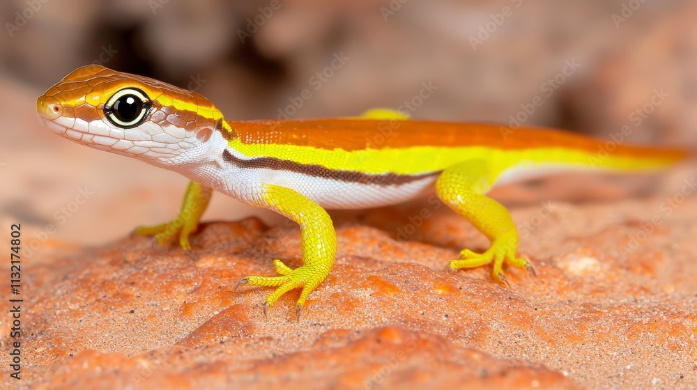 Fototapeta premium Vivid Yellow Desert Lizard on Sand Dune Reptile Closeup