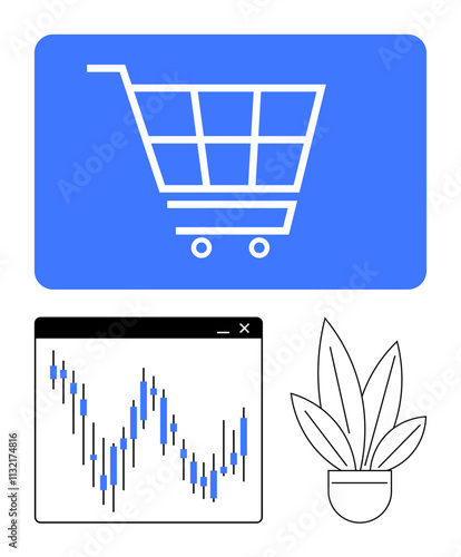 Shopping cart icon in blue, stock market candlestick chart, and potted plant outline. Ideal for e-commerce, finance, trading, investment, online shopping nature sustainability. Line metaphor