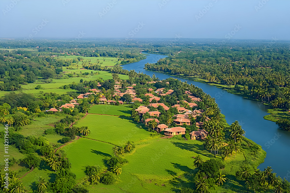 Aerial View Tropical River Village Illustration Aerial View Tropical River Village Illustration