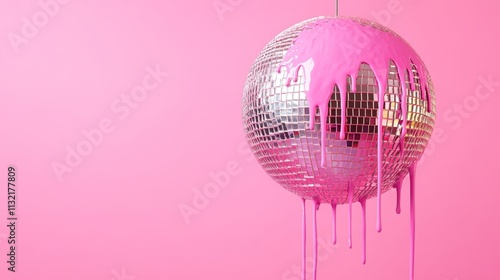 A disco ball dripping with pink paint against a pink background Ideal for creative marketing campaigns music-themed promotions retro or party-inspired designs and modern pop-culture visuals photo