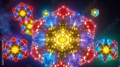 A kaleidoscopic in symmetrical glowing fractals, radiating warm and cool hues on a deep cosmic backdrop.