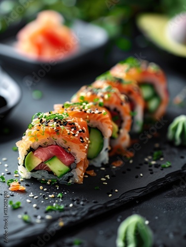 Close up Japanese Ichiban roll crab, avocado, cucumber, spicy sauce dark stone plate photo