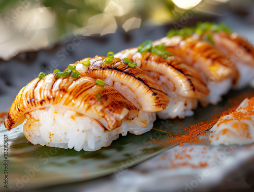 Japanese sushi Akagai Nigiri, Ark shell clam dark background, detailed setting photo