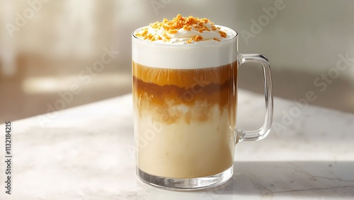 Elegant Caramel Brûlée Latte with Crystalline Layers in Natural Light