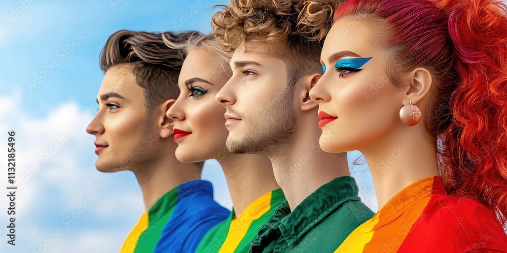 Fototapeta premium LGBT pride community allyship concept. Four diverse individuals in vibrant outfits stand side by side against a bright sky.