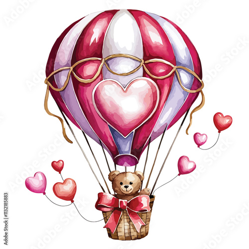 Teddy bear sitting in a pink love air balloon in sky art illustration photo