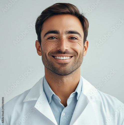 A professional doctor with a warm smile, centered and closely framed to capture the face and shoulders, wearing a pristine white lab coat over a light blue shirt. Neutral background photo