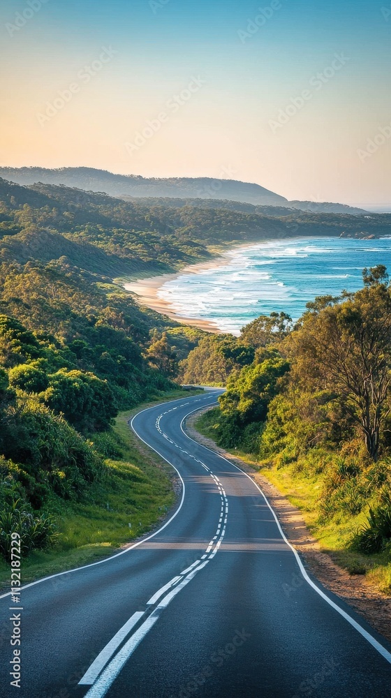 Scenic coastal road winding through lush greenery with the ocean in the background
Scenic coastal road winding through lush greenery with the ocean in the background