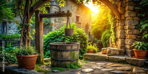 Rustic Well Water Pail & Bucket Architectural Photography: Vintage Farm Scene, Old Well, Water Pump, Rural Setting, Countryside photo