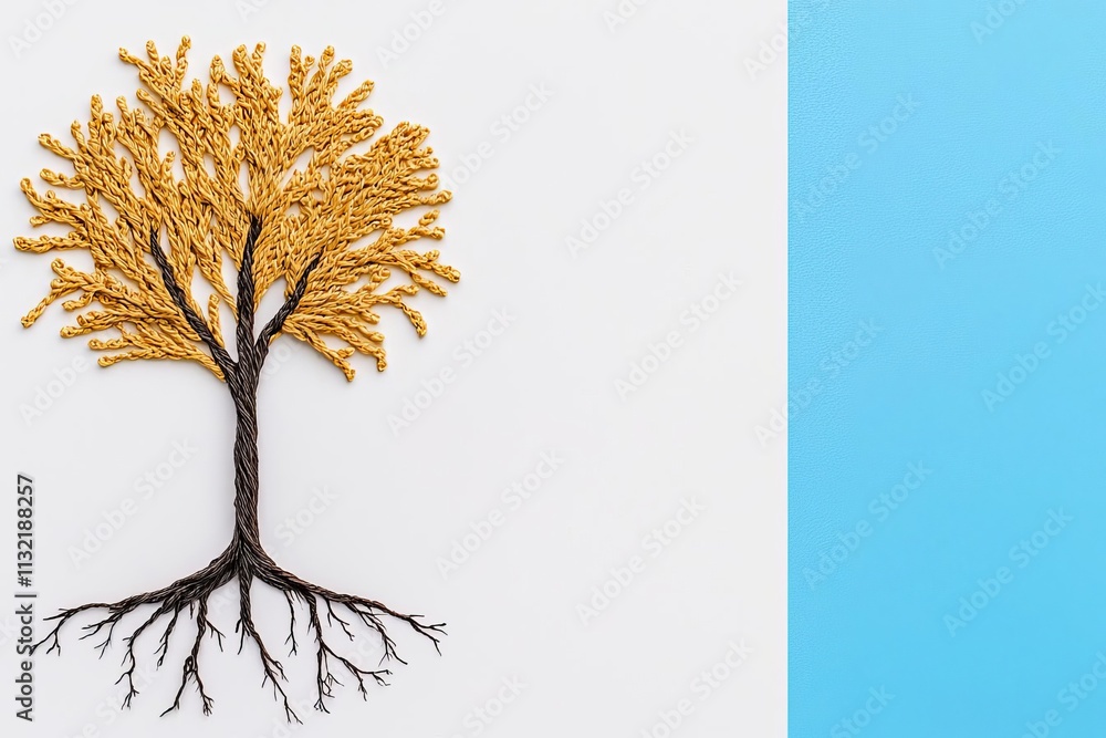 Obraz premium Autumn Tree Craft Gold Brown Yarn Nature Art Handmade White Blue Background