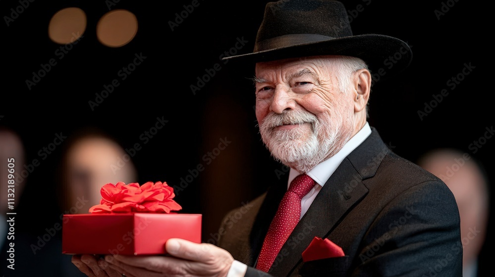 Senior Man in Hat Holding Gift Celebration Happy Elderly Retirement Senior Man in Hat Holding Gift Celebration Happy Elderly Retirement
