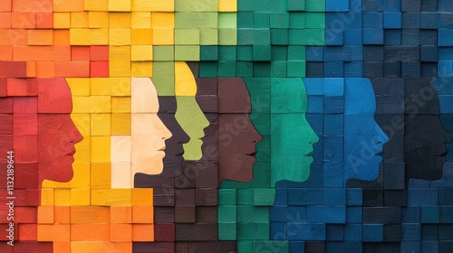 LGBT pride community allyship concept. Colorful mosaic depicting human profiles in vibrant shades, symbolizing diversity and unity.