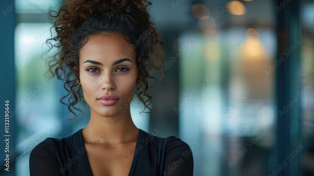 Obraz premium Confident businesswoman with curly hair, serious expression, looking directly at camera, indoors.