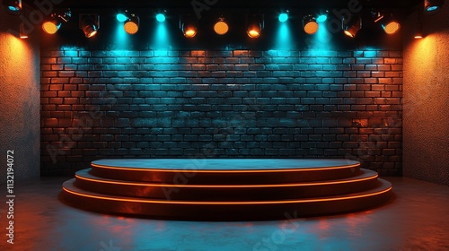Illuminated stage with circular platform and brick wall.