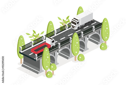 Isometric outline bridge with flatbed truck. Road icon. Urban infrastructure. Highway bridge. Trees in row. Cars driving on a bridge.