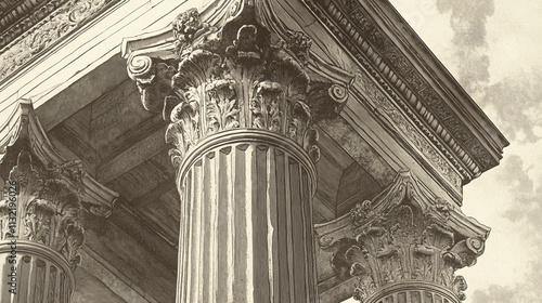 A column or pillar from a Roman or Greek ionic temple in a retro vintage woodcut photo