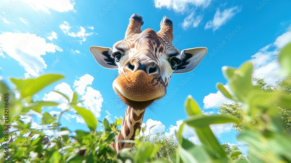 Obraz premium A Giraffe Looks Down From Above The Green Bushes