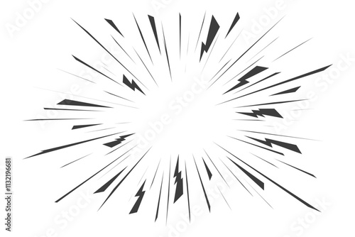 Comic speed lines. Radial manga burst. Vector cartoon action and motion rays with lightnings. Boom effect with perspective. Explosion roar and scream stripes on white background