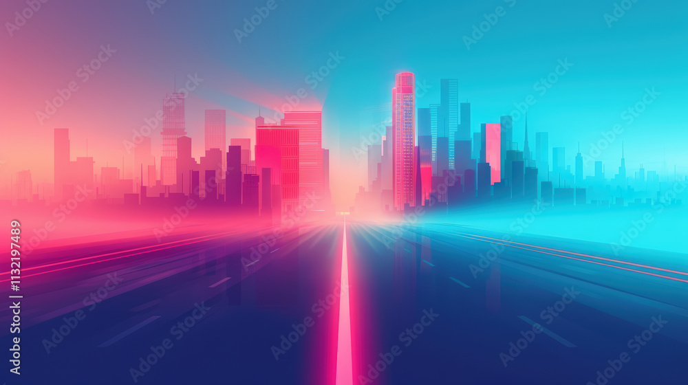 Futuristic Cityscape at Dawn with Neon Lights and Silhouetted Skyscrapers Futuristic Cityscape at Dawn with Neon Lights and Silhouetted Skyscrapers