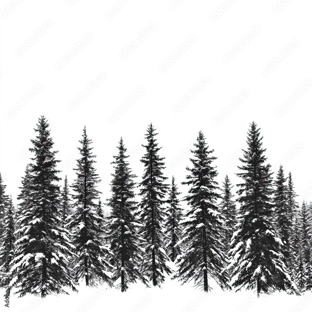 Obraz premium Silhouette of Snow Covered Pine Trees in a Forest Snow Covered Forests and Trees, Winter season, Happy New Year, Happy Christmas 