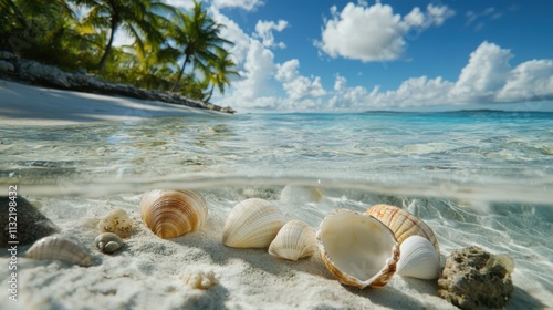 Beautiful beach scene with shells and clear water. Soft sand, bright sunshine, and palm trees create a perfect vacation setting. Ideal for nature lovers or beach enthusiasts.