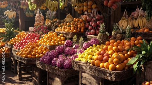 A vibrant market filled with fresh fruits in colorful baskets. Bright oranges, apples, bananas, and tropical fruits entice shoppers at this lively produce stand.