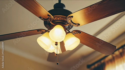 The gentle whir of a ceiling fan disperses the scent of a recently cleaned room with all surfaces wiped and polished, concept of Air circulation patterns