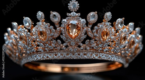 Exquisite, detailed, and sparkling diamond tiara, featuring opulent amber gemstones, on a black background.