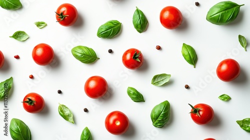 Fresh tomato and basil leaf pattern. Basil leaf and fresh tomato form an elegant red green layout. Vibrant vegetable background, perfect for culinary vegetarian themes.