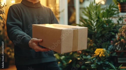 Delivery Person Holding Package: A close-up shot of a delivery person's hand holding a cardboard box, with a blurred background of lush greenery and a warm, inviting doorway. photo