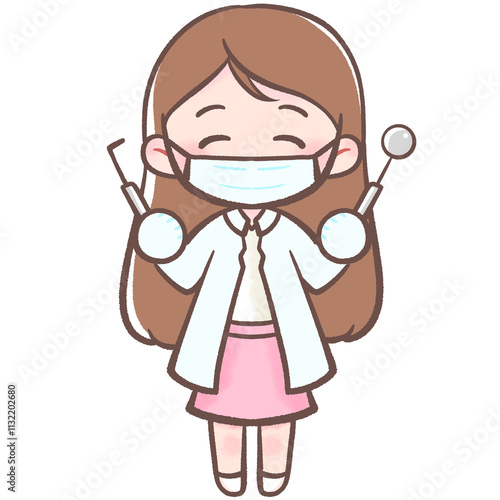Woman Dentist holding dental equipment cartoon style isolated hand drawn illustration
