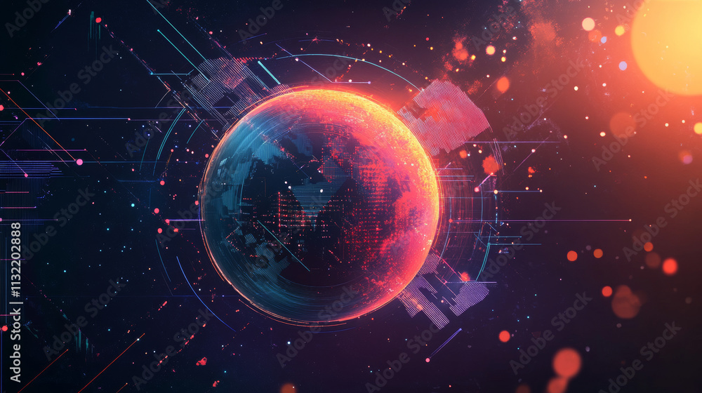 Obraz premium Abstract Happy 2025 New Year greeting card with planet. Low poly technology style design. Futuristic neon geometric background. Wireframe light connection structure. Modern 3d graphic concept. Vector.