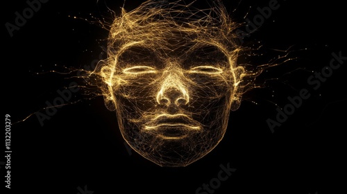 Golden Wireframe Human Face with Eyes Closed