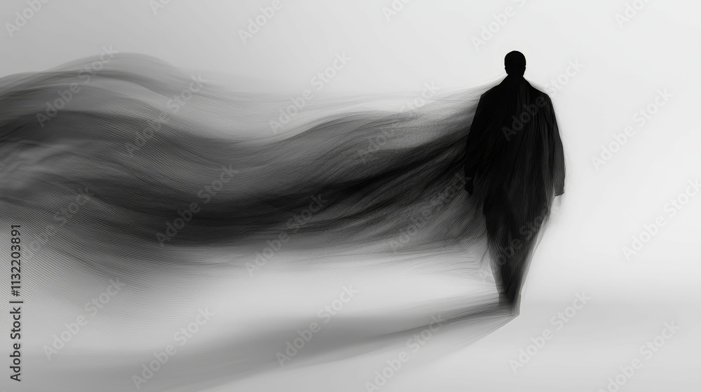 Fototapeta premium Silhouette walking, dark flowing lines trail behind.