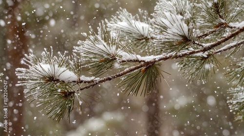 Snow Laden Pine Branches with Falling Snowflakes  Snow Covered Forests and Trees, Winter season, Happy New Year, Happy Christmas  photo