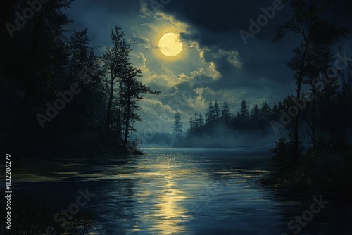 Nighttime lake scene, moonlit trees, water reflection.