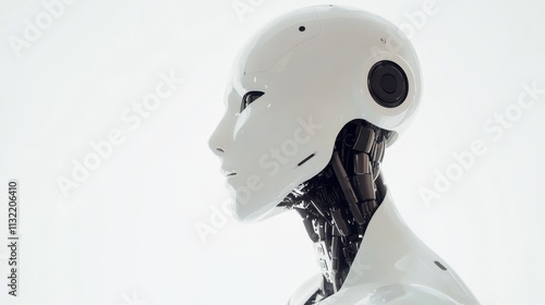 A close-up of a humanoid robot’s neck and head joint with integrated servos and sensors, clean and minimalist tech setting, Modern style photo