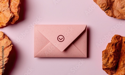 Stylish pink envelope on pastel background, surrounded by textured rocks. Perfect for modern stationery themes.