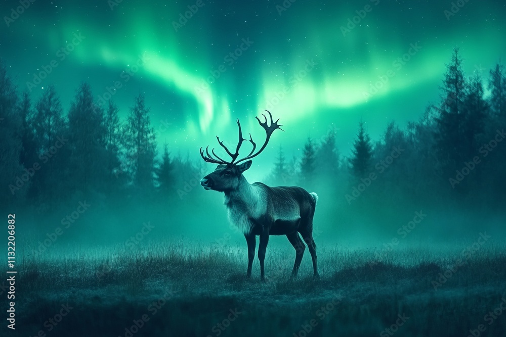 Naklejka premium Reindeer standing majestically in an Arctic field under the mesmerizing northern lights