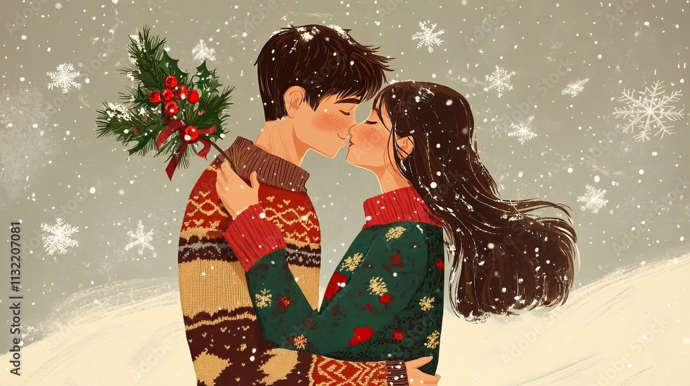 Fototapeta premium Snowy Christmas Kiss with Mistletoe and Sweaters Mistletoe Moment, Mistletoe Moment, Happy Christmas day, Winter vibe 