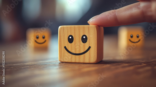 Selecting a Smiley Face: Customer's Hand Choosing Feedback Icon