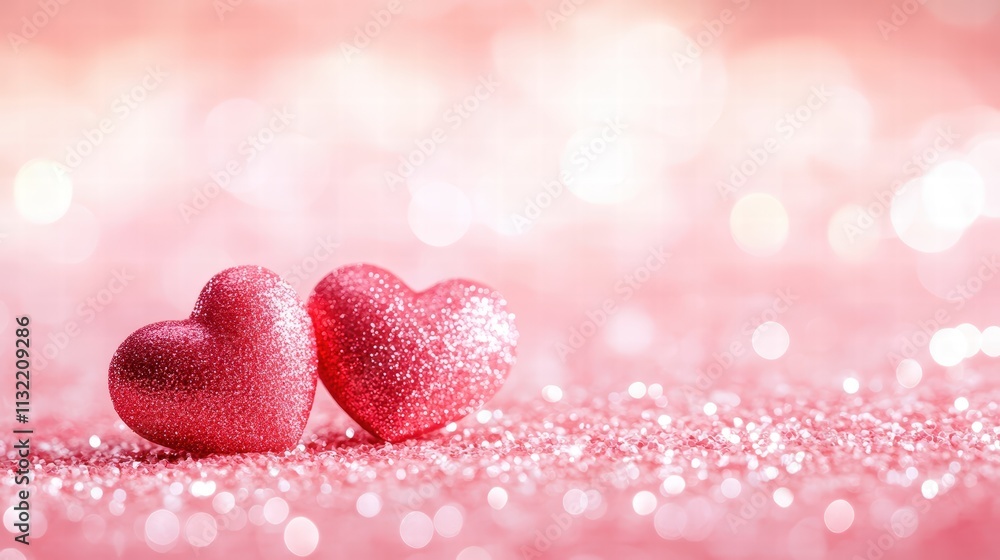 Obraz premium Two Shiny Red Hearts on a Soft Pink Glitter Background Perfect for Romantic Themes and Celebratory Designs