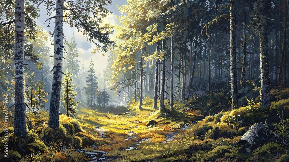 Obraz premium Finland's forests feature lush woodlands of towering pines and birches draped in moss, with sunlight streaming through the canopy to reveal vibrant biodiversity and diverse textures.