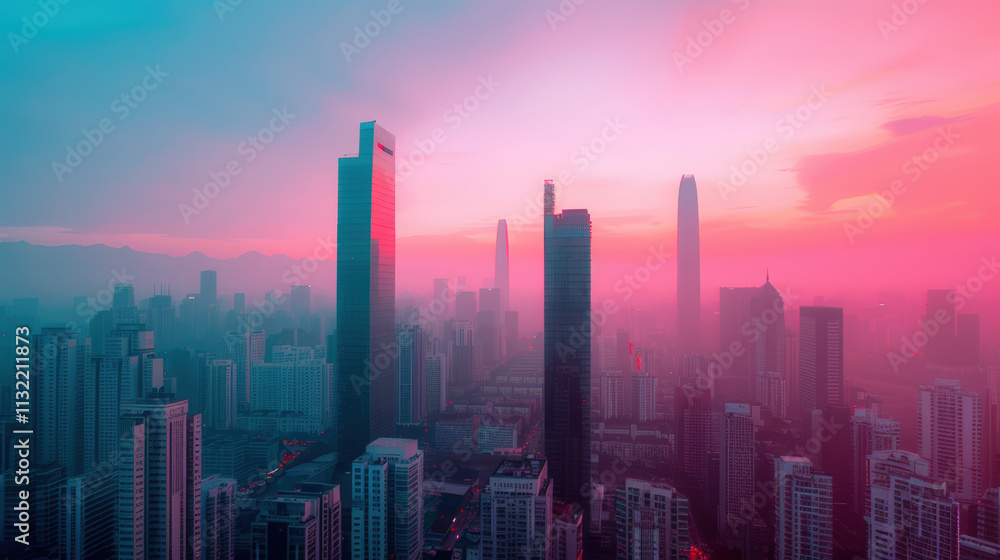 Obraz premium Urban Skyline at Twilight with Pink and Blue Hues Over Skyscrapers and City Buildings in a Modern Setting